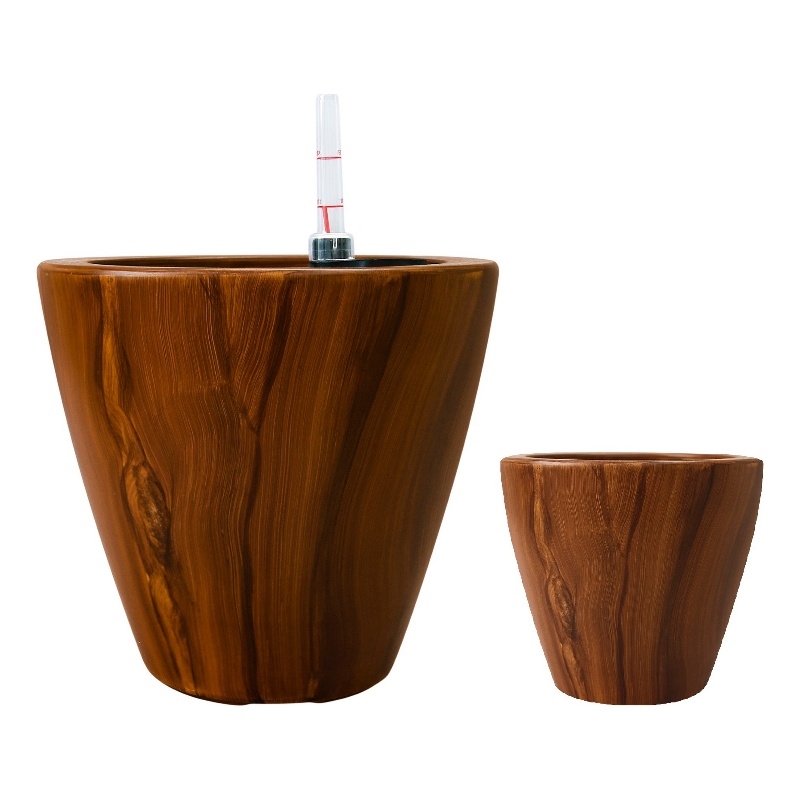 Benjara Shyo Self Watering Planter Set of 2- Round Pots- Dark Brown Faux Wood