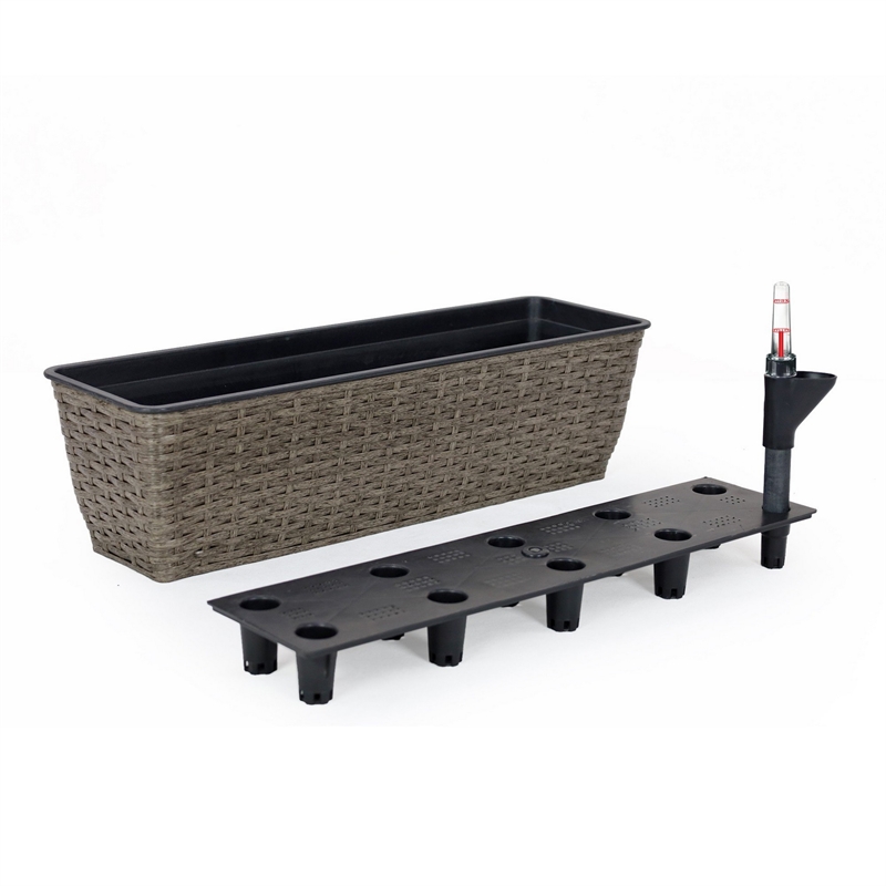 Benjara Wiki Self Watering Planter Set of 2- Hand Woven Rattan- Dark Gray Finish
