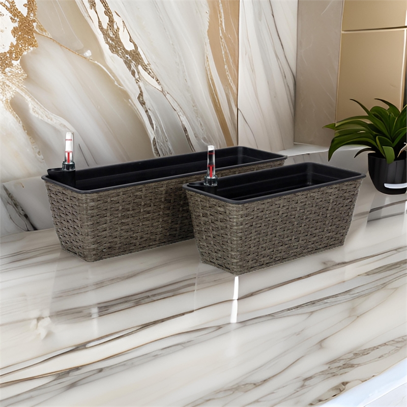 Benjara Wiki Self Watering Planter Set of 2- Hand Woven Rattan- Dark Gray Finish