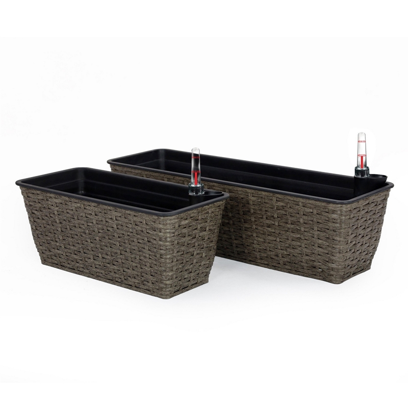 Benjara Wiki Self Watering Planter Set of 2- Hand Woven Rattan- Dark Gray Finish