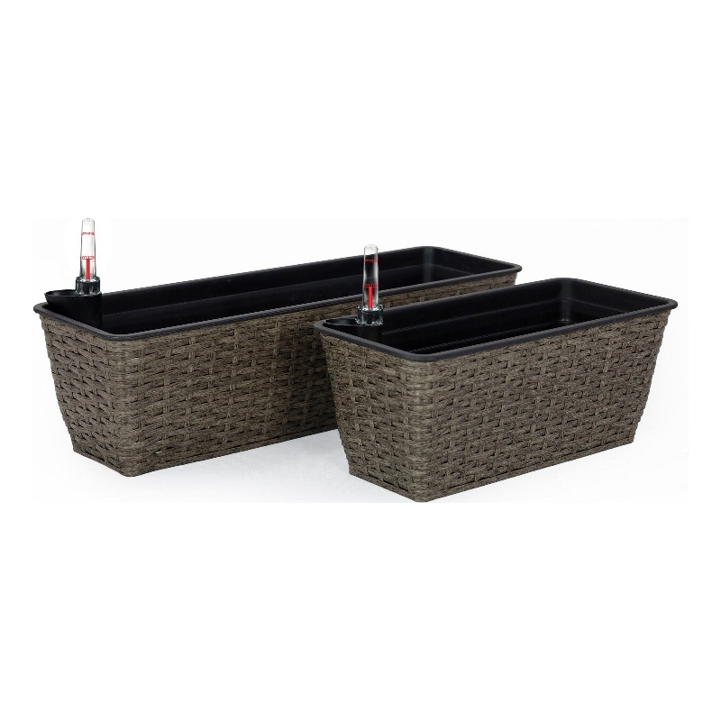 Benjara Wiki Self Watering Planter Set of 2- Hand Woven Rattan- Dark Gray Finish