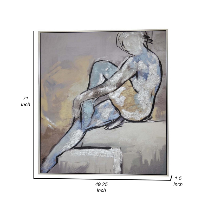 Benjara Iamo 49 x 71 Framed Canvas Oil Painting-Female Pose-Natural Fiber-Blue
