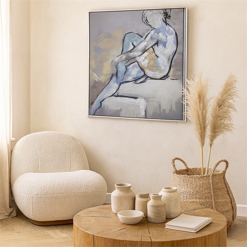 Benjara Iamo 49 x 71 Framed Canvas Oil Painting-Female Pose-Natural Fiber-Blue