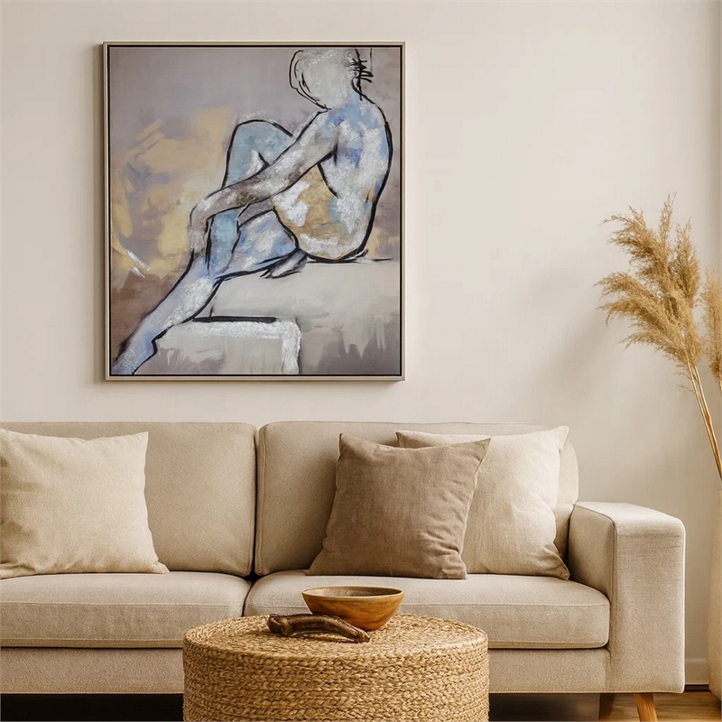Benjara Iamo 49 x 71 Framed Canvas Oil Painting-Female Pose-Natural Fiber-Blue