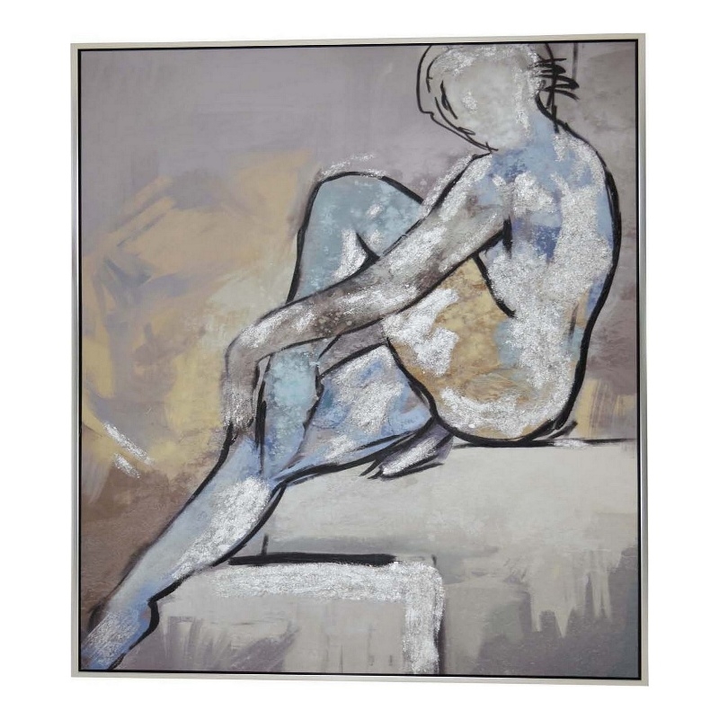 Benjara Iamo 49 x 71 Framed Canvas Oil Painting-Female Pose-Natural Fiber-Blue