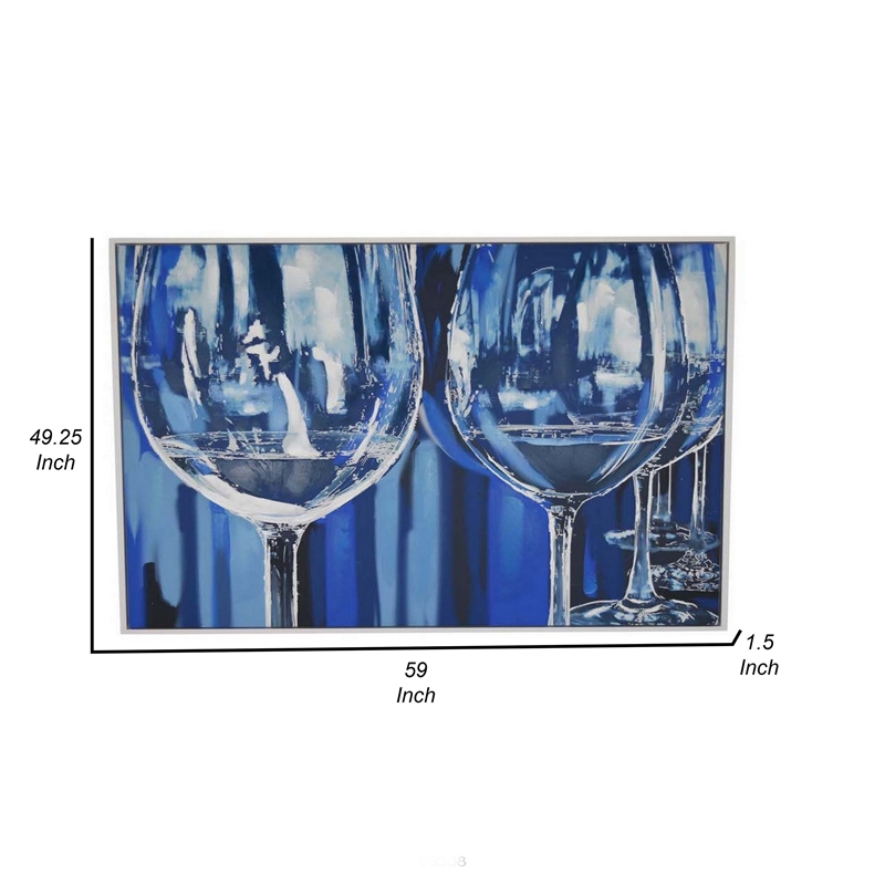 Benjara 49 x 59 Framed Canvas Oil Painting- 2 Wine Glasses- Blue and White