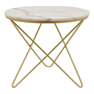 Benjara 24&quot Modern Plant Stand Side Table- Round Marble Display- Gold Metal