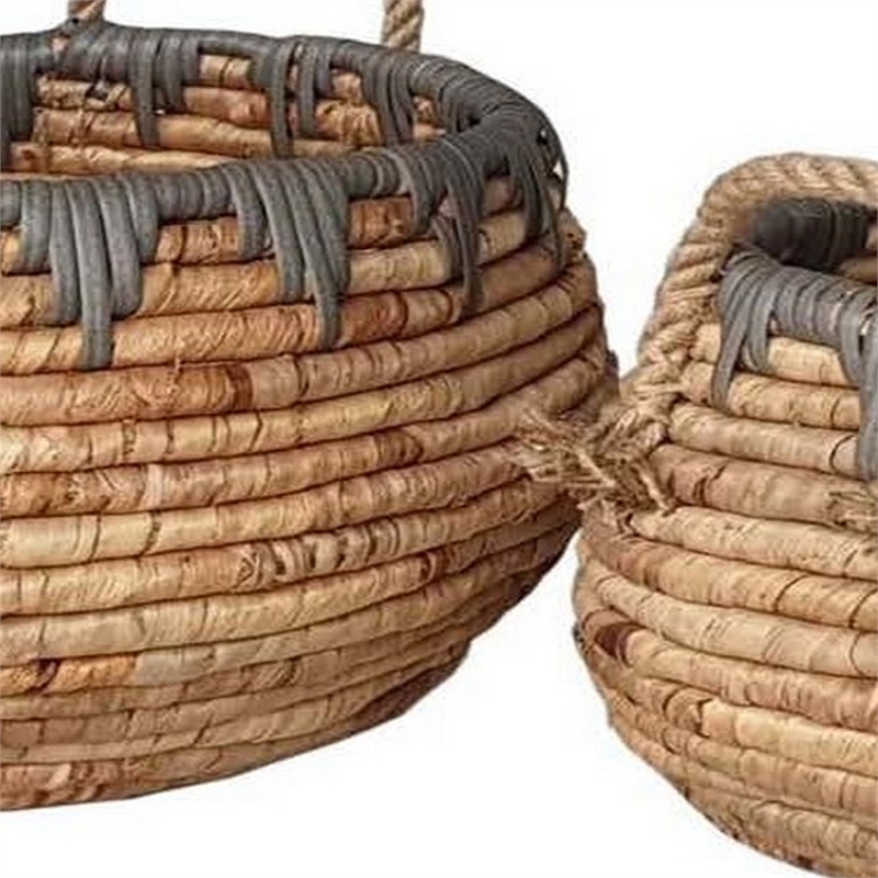 Benjara Decorative Storage Basket Set of 2-Handwoven Water Hyacinth Fiber-Brown