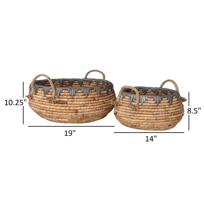 Benjara Decorative Storage Basket Set of 2-Handwoven Water Hyacinth Fiber-Brown