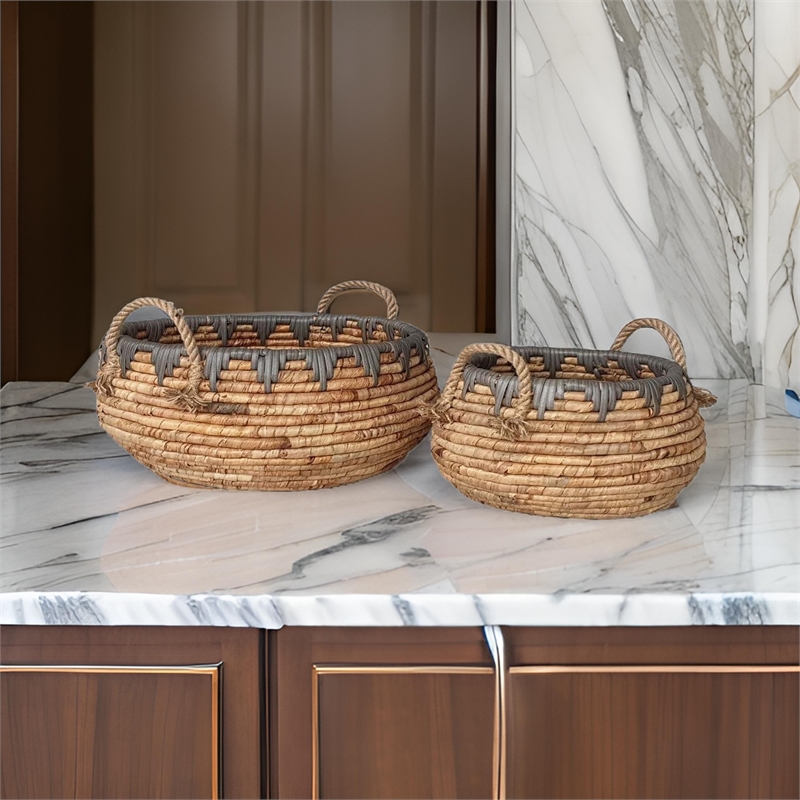 Benjara Decorative Storage Basket Set of 2-Handwoven Water Hyacinth Fiber-Brown