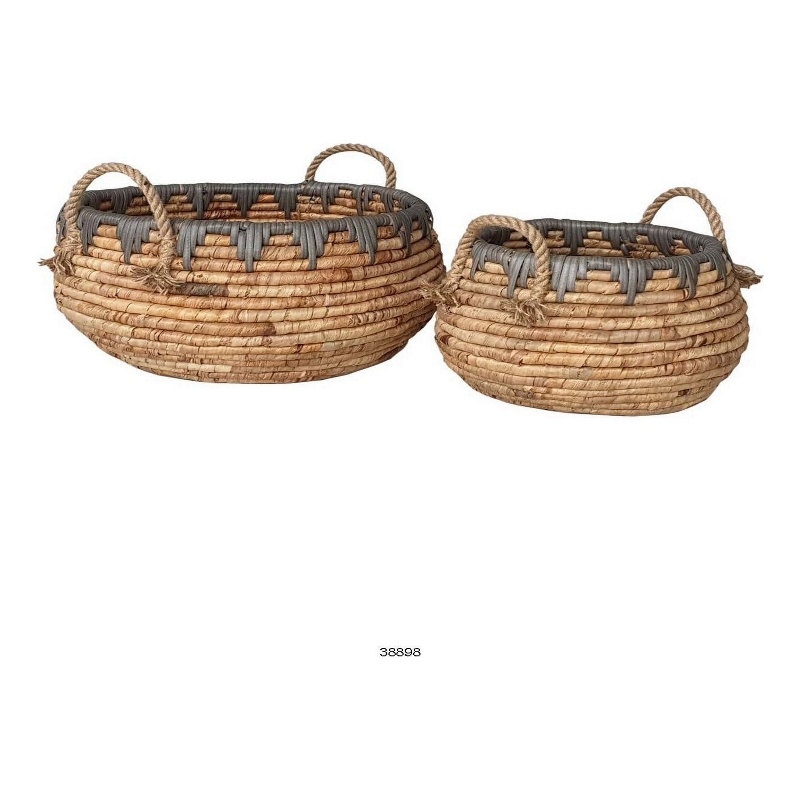 Benjara Decorative Storage Basket Set of 2-Handwoven Water Hyacinth Fiber-Brown