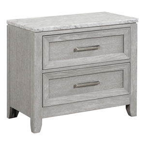 Benjara Ion 30&quot Nightstand- 2 Drawers- White Marble Top- Farmhouse Gray Wood