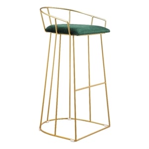 Benjara Cato 31&quot Barstool Chair- Foam- Green Velvet- Gold Steel Open Frame