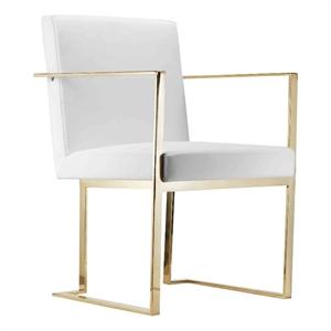 Benjara Boly 22&quot Dining Side Armchair- White Faux Leather- Gold Steel Frame