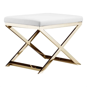Benjara Sovi 20&quot Ottoman Stool- White Faux Leather Seat/Gold