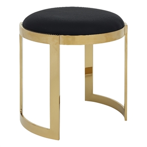 Benjara Niyo 19&quot Ottoman Stool- Round Black Faux Leather- Stainless Steel- Gold