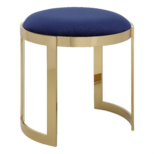 Benjara Niyo 19&quot Ottoman Stool- Round Navy Blue Velvet- Gold Stainless Steel