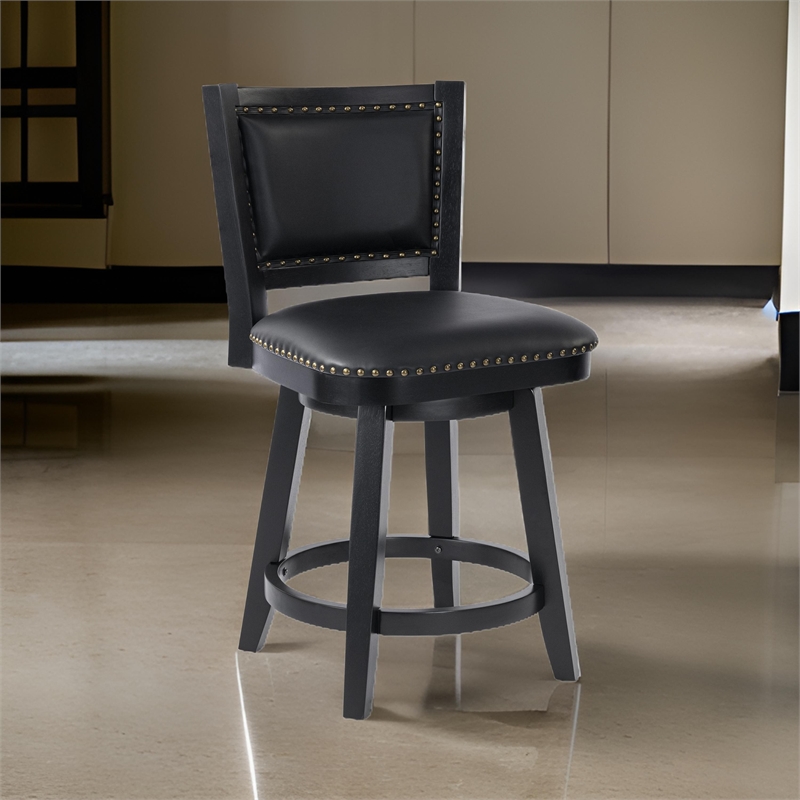Benjara Kera Swivel Counter Height Stool Chair-Black Wood-Nailhead Faux Leather
