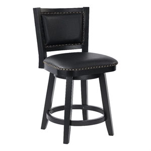 Benjara Kera Swivel Counter Height Stool Chair-Black Wood-Nailhead Faux Leather