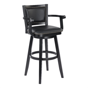 Benjara Kera 36&quot Extra Tall Swivel Barstool Chair- Black Faux Leather- Nailhead