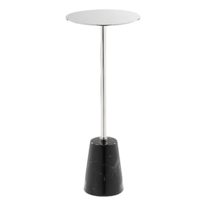 Benjara Sen 21&quot Drink Side End Table- Chrome Round Top- Black Marble Cone Base
