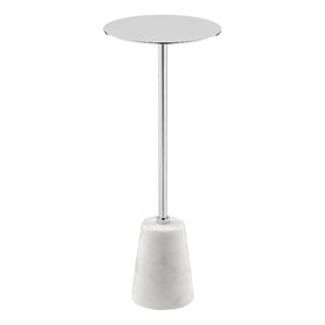 Benjara Sen 21&quot Drink Side End Table- Cone White Marble Base- Chrome Metal Top