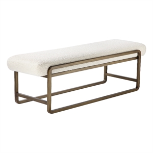 Benjara Loer 54&quot Modern Accent Bench- Ivory Boucle Upholstery- Sled Brass Legs