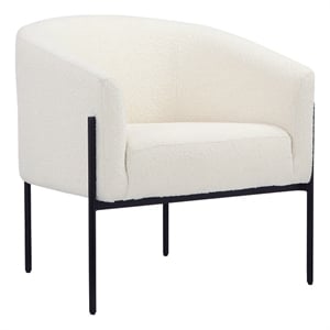 Benjara Mae 29&quot Accent Armchair- Barrel- White Boucle Upholstery- Black Metal