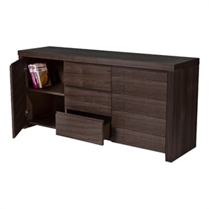 Benjara Ross 63&quot Buffet Console Cabinet- Door Shelves- 3 Drawers- Dark Brown