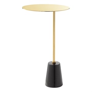 Benjara Frank 12&quot Drink Side End Table- Gold Top- Black Marble Solid Cone Base