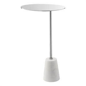 Benjara Frank 12&quot Drink Side End Table- Chrome Top- White Marble Solid Base