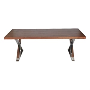 Benjara Rix 87&quot Dining Table- X Chrome Legs- Walnut Brown Rectangular Wood Top