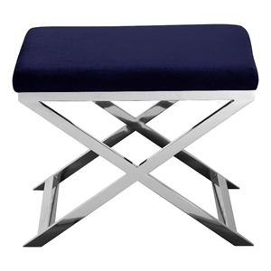 Benjara Sovi 20&quot Accent Stool Ottoman- X Shape Steel Legs- Navy Blue Velvet