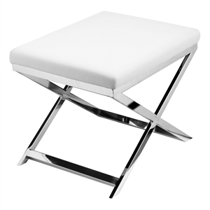 Benjara Sovi 20&quot Accent Stool Ottoman- X Steel Legs- White Faux Leather