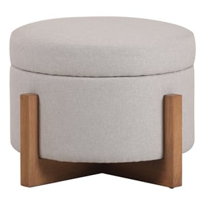 Benjara 24&quot Ottoman- Round Cushioned Storage Seat- Gray Polyester- Brown Wood