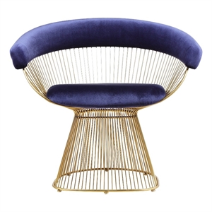 Benjara Mimi 27&quot Accent Armchair- Navy Blue Velvet- Gold Steel Peacock Base