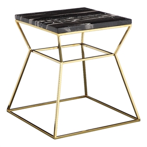 Benjara Lio 18&quot Side End Table- Black Marble Top- Gold Open Hourglass Frame