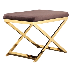 Benjara Sovi 20&quot Ottoman Stool- Chocolate Brown Velvet- Stainless Steel- Gold