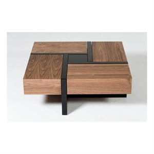 Benjara 39&quot Coffee Table- 4 Drawers- Puzzle Design- Walnut Brown- Black Finish