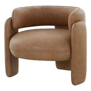 Benjara 34&quot Accent Chair- Barrel Low Profile Design- Brown Genuine Leather