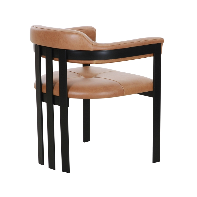Benjara Anta Dining Chair- Black Iron Slatted Back- Plush Brown Genuine Leather