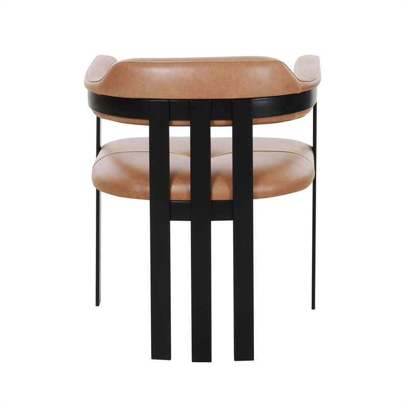 Benjara Anta Dining Chair- Black Iron Slatted Back- Plush Brown Genuine Leather