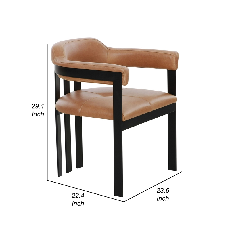 Benjara Anta Dining Chair- Black Iron Slatted Back- Plush Brown Genuine Leather