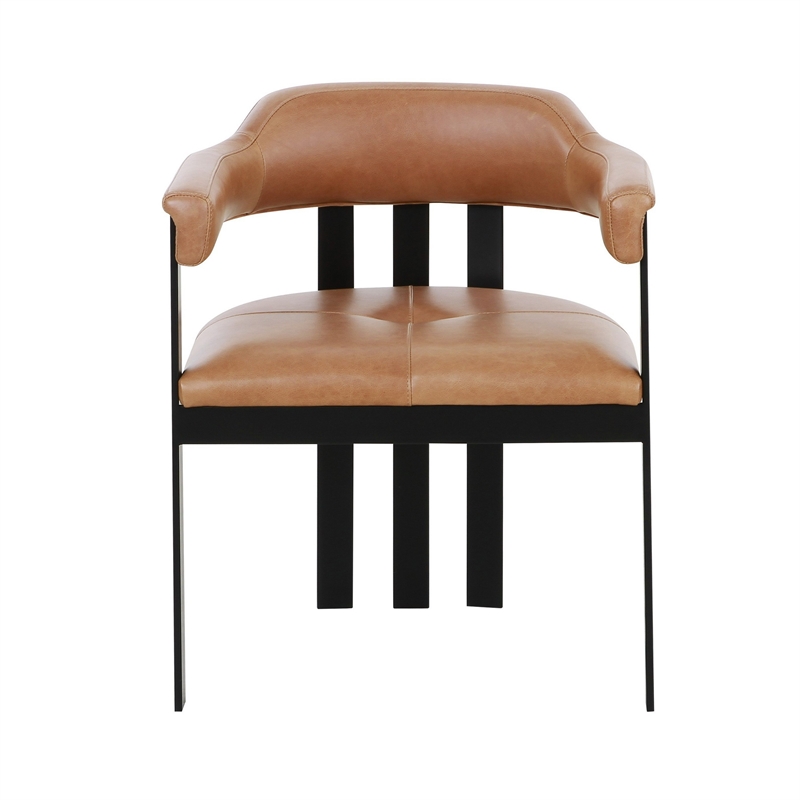 Benjara Anta Dining Chair- Black Iron Slatted Back- Plush Brown Genuine Leather