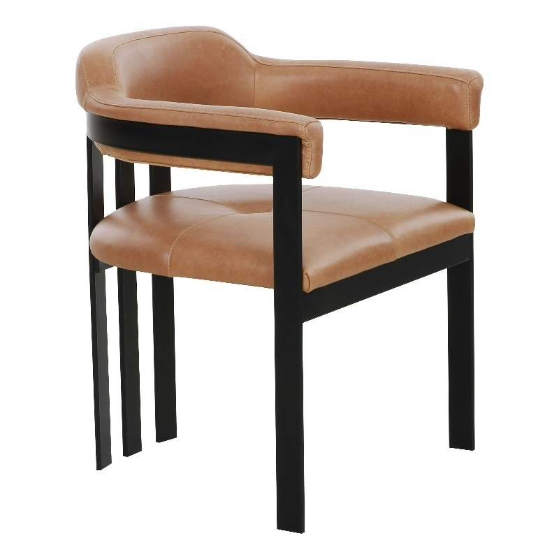 Benjara Anta Dining Chair- Black Iron Slatted Back- Plush Brown Genuine Leather