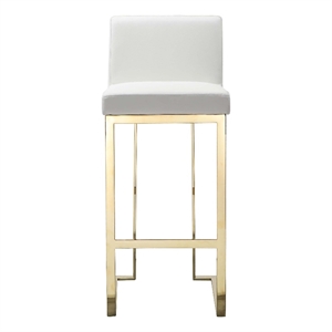 Benjara Boly 30&quot Barstool Chair- Cushioned White Faux Leather- Gold Cantilever