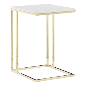 Benjara Zen 23&quot Side End Tray Table- White Tray Top- Steel Base in Gold Finish