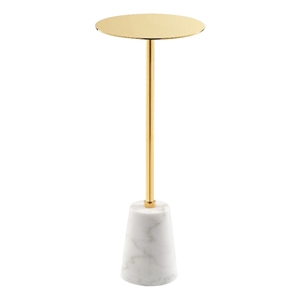 Benjara Sen 8&quot Side End Drink Table- Round- White Genuine Marble- Gold Finish