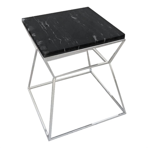 Benjara Lio 18&quot Side End Table- Black Marble Top- Silver Open Hourglass Frame