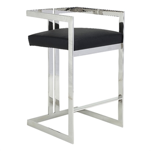 Benjara Suki 30&quot Barstool Chair- Black Faux Leather- Silver Stainless Steel